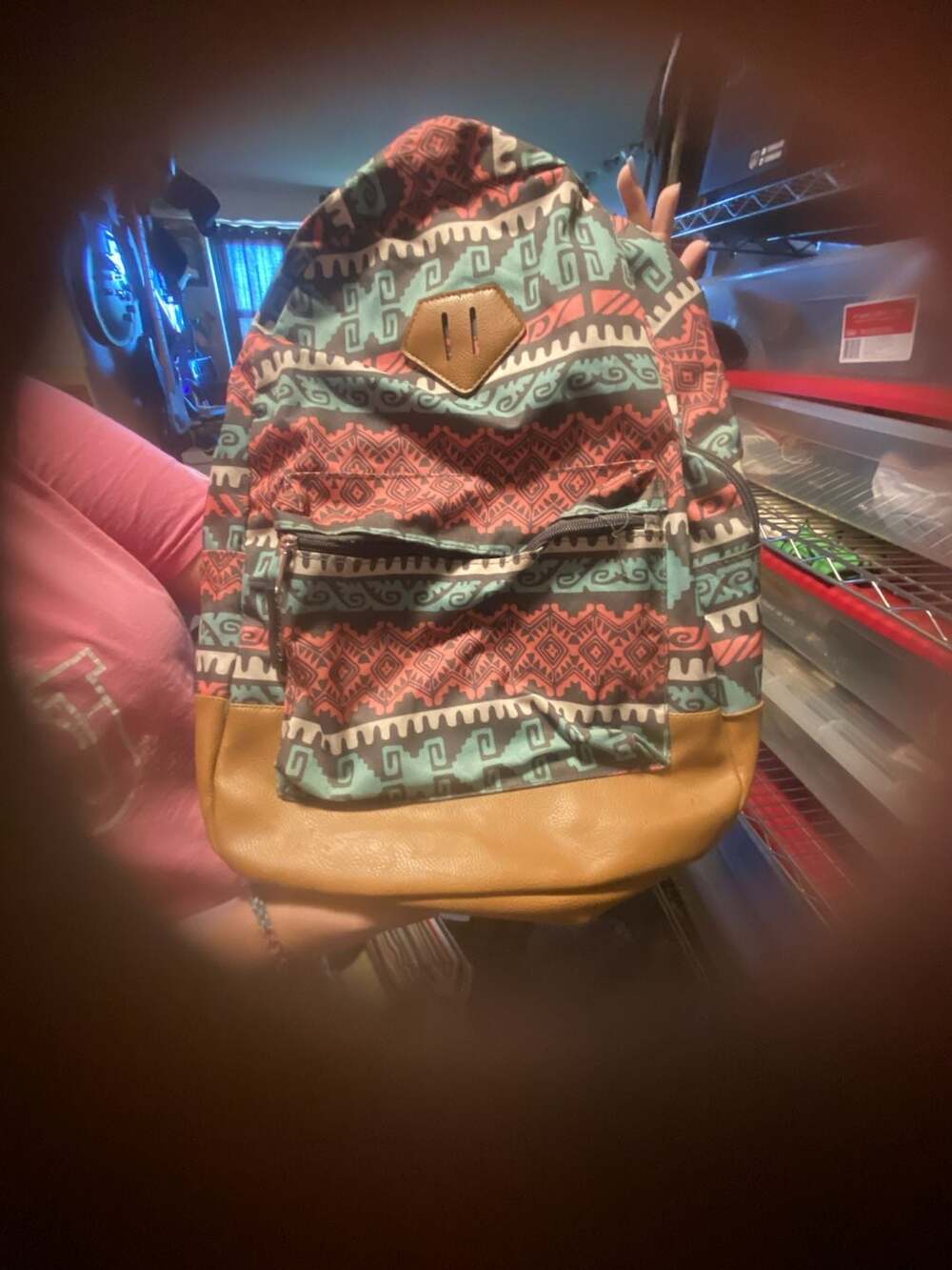 Aztec Geometric Print Tribal Backpack with Faux Leather Trim